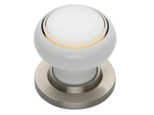 Heritage Brass Gold Line White Porcelain Mortice Door Knobs, Satin Nickel Rose (Sold In Pairs)