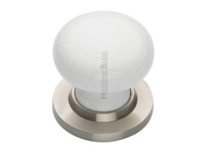 Heritage Brass White Crackle Porcelain Mortice Door Knobs, Satin Nickel Rose (Sold In Pairs)