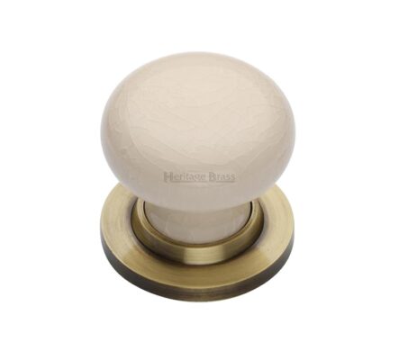 Heritage Brass Cream Crackle Porcelain Mortice Door Knobs, Antique Brass Rose (Sold In Pairs)