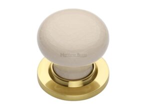 Heritage Brass Cream Crackle Porcelain Mortice Door Knobs, Polished Brass Rose (Sold In Pairs)