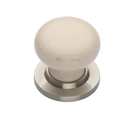 Heritage Brass Cream Crackle Porcelain Mortice Door Knobs, Satin Nickel Rose (Sold In Pairs)