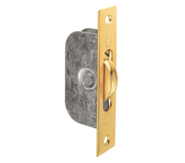 Galvanised Sash Window Axle Pulley (Square Forend), Polished Brass With Brass Wheel