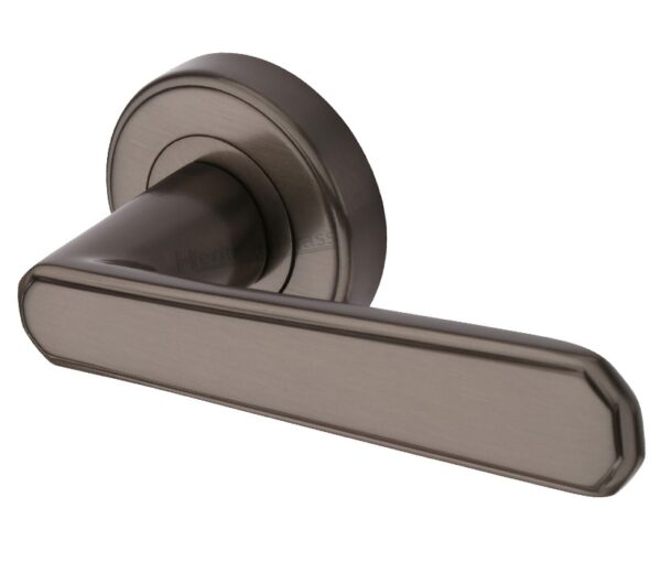 Heritage Brass Century Art Deco Style Door Handles On Round Rose, Matt Bronze (Sold In Pairs)