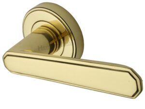 Heritage Brass Century Art Deco Style Door Handles On Round Rose, Polished Brass (Sold In Pairs)