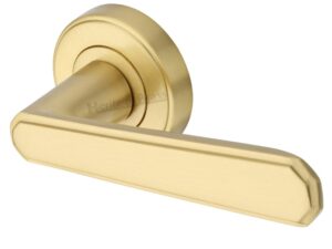 Heritage Brass Century Art Deco Style Door Handles On Round Rose, Satin Brass (Sold In Pairs)