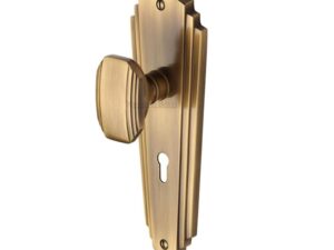 Heritage Brass Charlston Art Deco Style Door Knobs On Backplate, Antique Brass (Sold In Pairs)