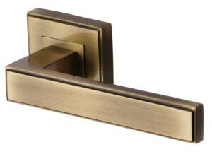 Heritage Brass Linear Antique Brass Art Deco Style Door Handles On Square Rose (Sold In Pairs)