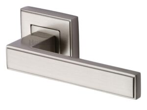 Heritage Brass Linear Satin Nickel Art Deco Style Door Handles On Square Rose (Sold In Pairs)