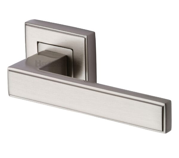 Heritage Brass Linear Satin Nickel Art Deco Style Door Handles On Square Rose (Sold In Pairs)