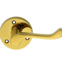 Victorian Scroll Traditional Door Handles On Round Rose, Polished Brass (Sold In Pairs)