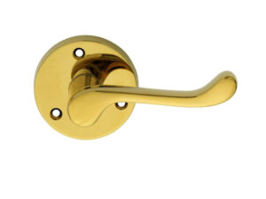 Victorian Scroll Traditional Door Handles On Round Rose, Polished Brass (Sold In Pairs)