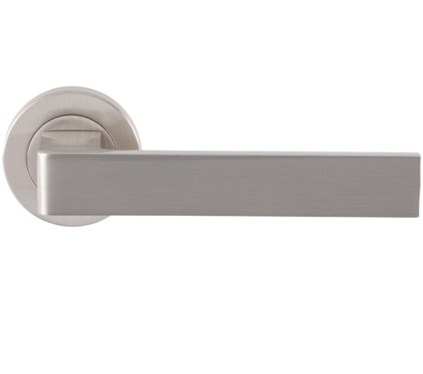 Sasso Door Handles On Round Rose, Satin Nickel (Sold In Pairs)