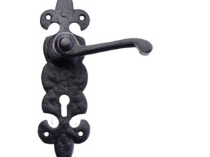 Zoo Hardware Foxcote Foundries Fleur De Lys Door Handles On Backplate, Black Antique (Sold In Pairs)