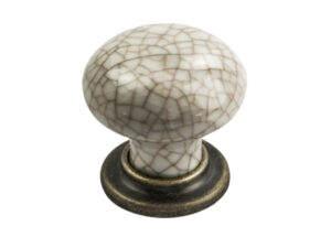 Fingertip Mushroom Pattern Porcelain Cupboard Knob, Ivory Crackle With Antique Brass Base