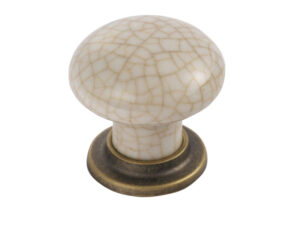 Fingertip Mushroom Pattern Porcelain Cupboard Knob, Ivory Crackle With Florentine Bronze Base