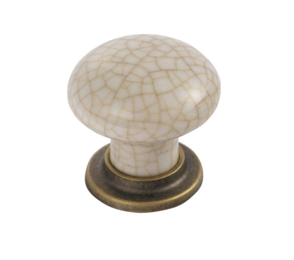 Fingertip Mushroom Pattern Porcelain Cupboard Knob, Ivory Crackle With Florentine Bronze Base