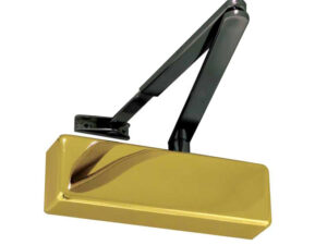 Frelan Hardware Standard Power Size 2-4 Overhead Door Closer With Black Arm, Polished Brass