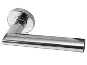 Frelan Hardware Neptune Mitred Door Handles On Round Rose, Polished Stainless Steel (Sold In Pairs)