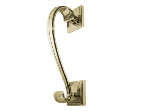 Frelan Hardware Sloan Scroll Door Knocker On Square Rose, Polished Brass