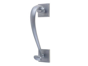 Frelan Hardware Sloan Scroll Door Knocker On Square Rose, Satin Chrome