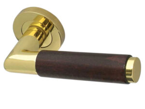 Frelan Hardware Reguitti Cuba Dark Wood Door Handles On Round Rose, Polished Brass(Sold In Pairs)