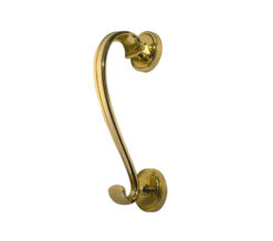 Frelan Hardware Sloan Scroll Door Knocker On Round Rose, Polished Brass