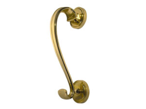 Frelan Hardware Sloan Scroll Door Knocker On Round Rose, Polished Brass