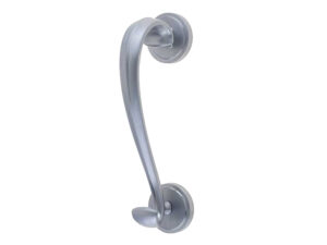 Frelan Hardware Sloan Scroll Door Knocker On Round Rose, Satin Chrome