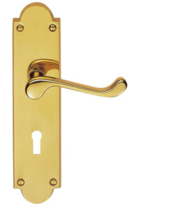 Victorian Scroll Door Handles On Shaped Backplate, Polished Brass (Sold In Pairs)