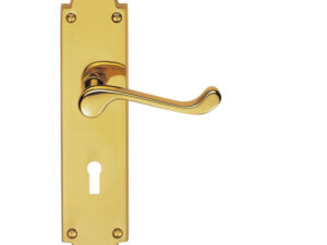 Victorian Scroll Door Handles On Shaped Backplate, Polished Brass (Sold In Pairs)