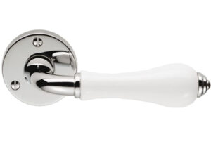 Porcelain Door Handles On Round Rose, Plain White On Polished Chrome Rose (Sold In Pairs)