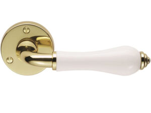 Porcelain Door Handles On Round Rose, Plain White On Polished Brass Rose (Sold In Pairs)