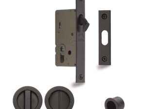 Heritage Brass Round Flush Handle Sliding Door Privacy Lock Set, Matt Black