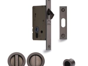 Heritage Brass Round Flush Handle Sliding Door Privacy Lock Set, Matt Bronze