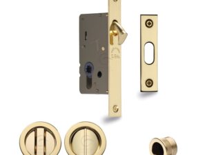 Heritage Brass Round Flush Handle Sliding Door Privacy Lock Set, Polished Brass