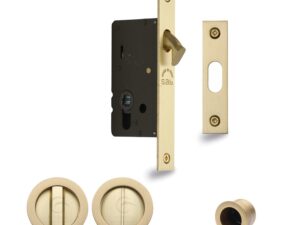 Heritage Brass Round Flush Handle Sliding Door Privacy Lock Set, Satin Brass