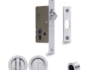 Heritage Brass Round Flush Handle Sliding Door Privacy Lock Set, Satin Chrome