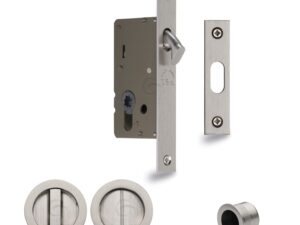 Heritage Brass Round Flush Handle Sliding Door Privacy Lock Set, Satin Nickel