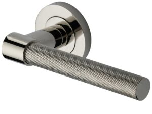 Heritage Brass Phoenix Knurled Door Handles On Round Rose, Polished Nickel (Sold In Pairs)