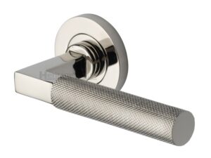 Heritage Brass Signac Knurled Door Handles On Round Rose, Polished Nickel (Sold In Pairs)