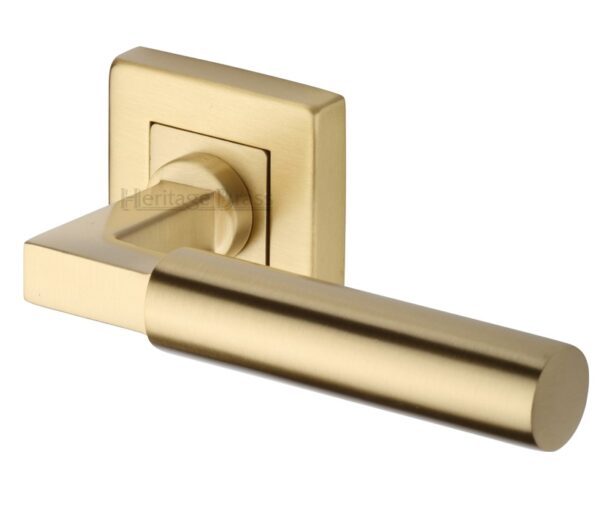 Heritage Brass Bauhaus Sq Satin Brass Door Handles On Square Rose (Sold In Pairs)