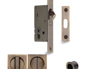 Heritage Brass Square Flush Handle Sliding Door Privacy Lock Set, Antique Brass