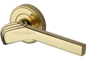 Heritage Brass Tiffany Art Deco Style Door Handles On Round Rose, Polished Brass (Sold In Pairs)