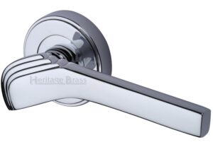 Heritage Brass Tiffany Art Deco Style Door Handles On Round Rose, Polished Chrome (Sold In Pairs)