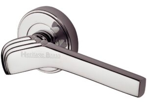 Heritage Brass Tiffany Art Deco Style Door Handles On Round Rose, Polished Nickel (Sold In Pairs)