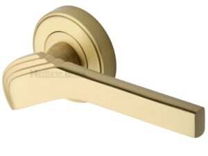 Heritage Brass Tiffany Art Deco Style Door Handles On Round Rose, Satin Brass (Sold In Pairs)