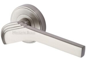 Heritage Brass Tiffany Art Deco Style Door Handles On Round Rose, Satin Nickel (Sold In Pairs)