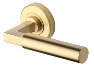 Heritage Brass Bauhaus Satin Brass Door Handles On Round Rose (Sold In Pairs)