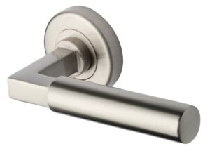 Heritage Brass Bauhaus Satin Nickel Door Handles On Round Rose (Sold In Pairs)