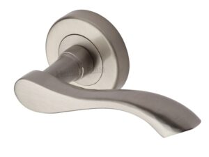 Heritage Brass Algarve Satin Nickel Door Handles On Round Rose (Sold In Pairs)